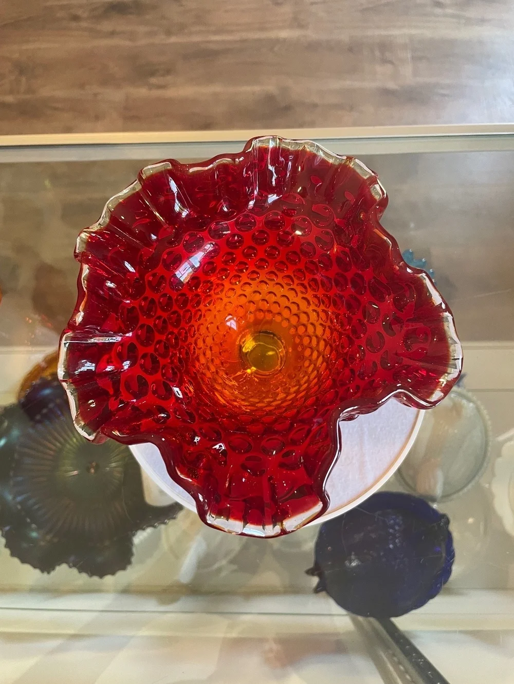 Vintage Fenton Amberina Hobnail Compote UV Reactive Ruffled Pedestal